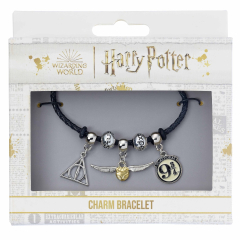 Harry Potter Charm Set- Black Leather Bracelet/Deathly Hallows/ Snitch/ Platfrom 9 3/4/ 2 Spellbeads- HP0091