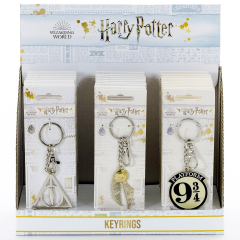 Harry Potter Display Box containing 10 of each Deathly Hallows, Golden Snitch, & Platform 9 3/4 Keyrings HPDB246