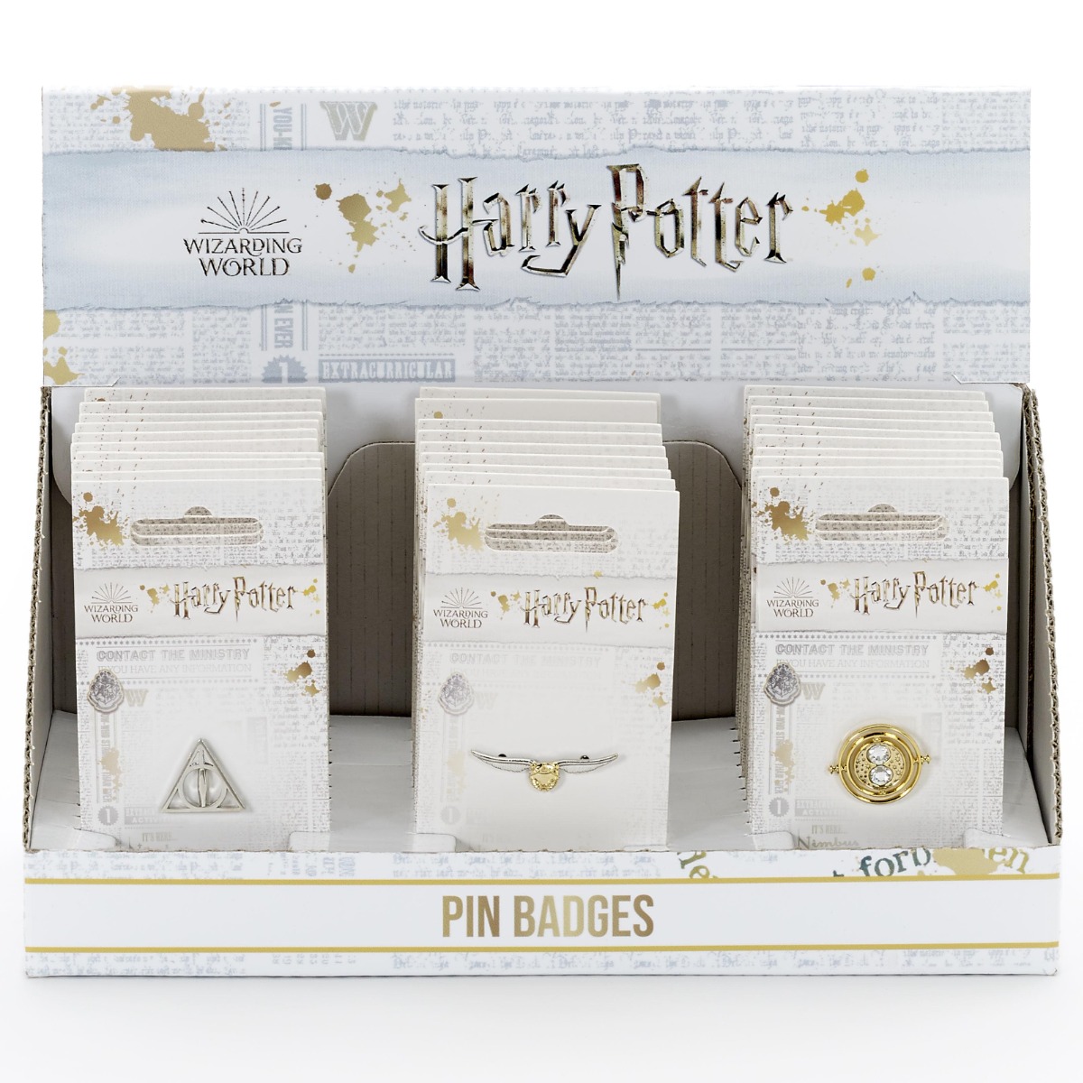 Harry Potter Display Box containing 10 of each Deathly Hallows, Golden Snitch, & Time Turner Pin Badges HPDB241
