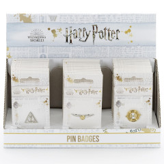 Harry Potter Display Box containing 10 of each Deathly Hallows, Golden Snitch, & Time Turner Pin Badges HPDB241