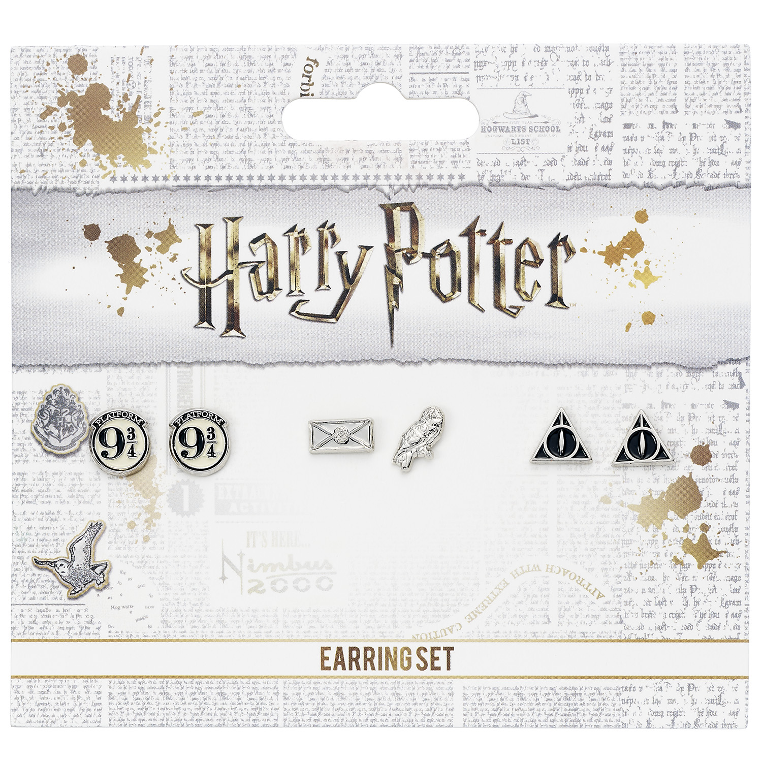Official Harry Potter Stud Earring Set including Platform 9 3/4, Hedwig & Letter, and the Deathly Hallows earrings WE0107